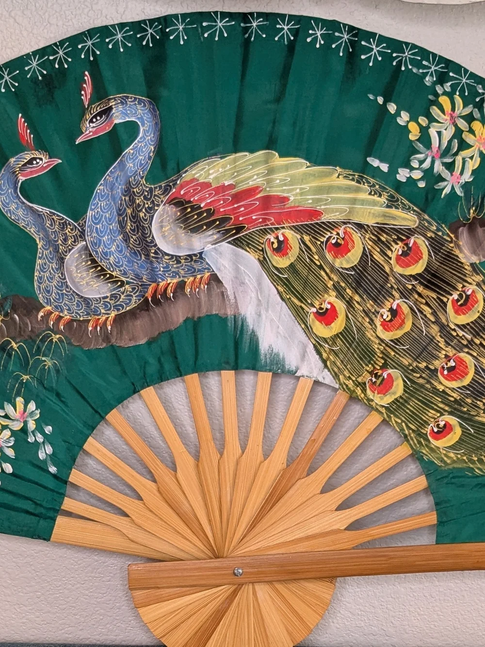 Vintage Decorative Peacock Wall Fan Handpainted Asian Floral Large 30